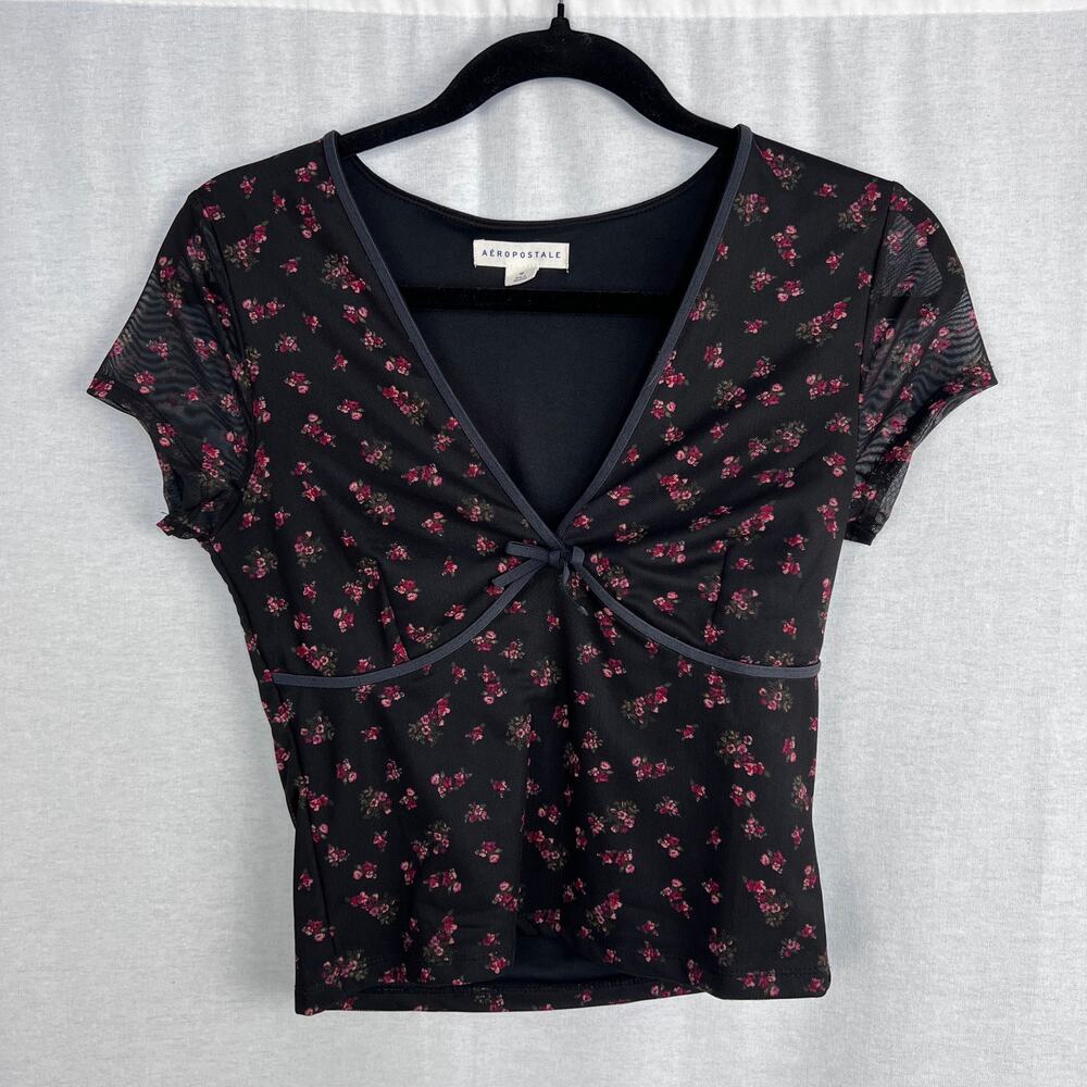 Aeropostale Top Juniors Medium Y2K Babydoll Black Floral Rose Fairy Whimsigoth